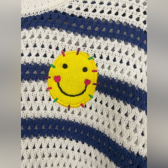 XOXO Kerri Rosenthal Smiley Face Crochet Long Sleeve Crew Sweater Blue Stripe XS - Picture 5 of 6